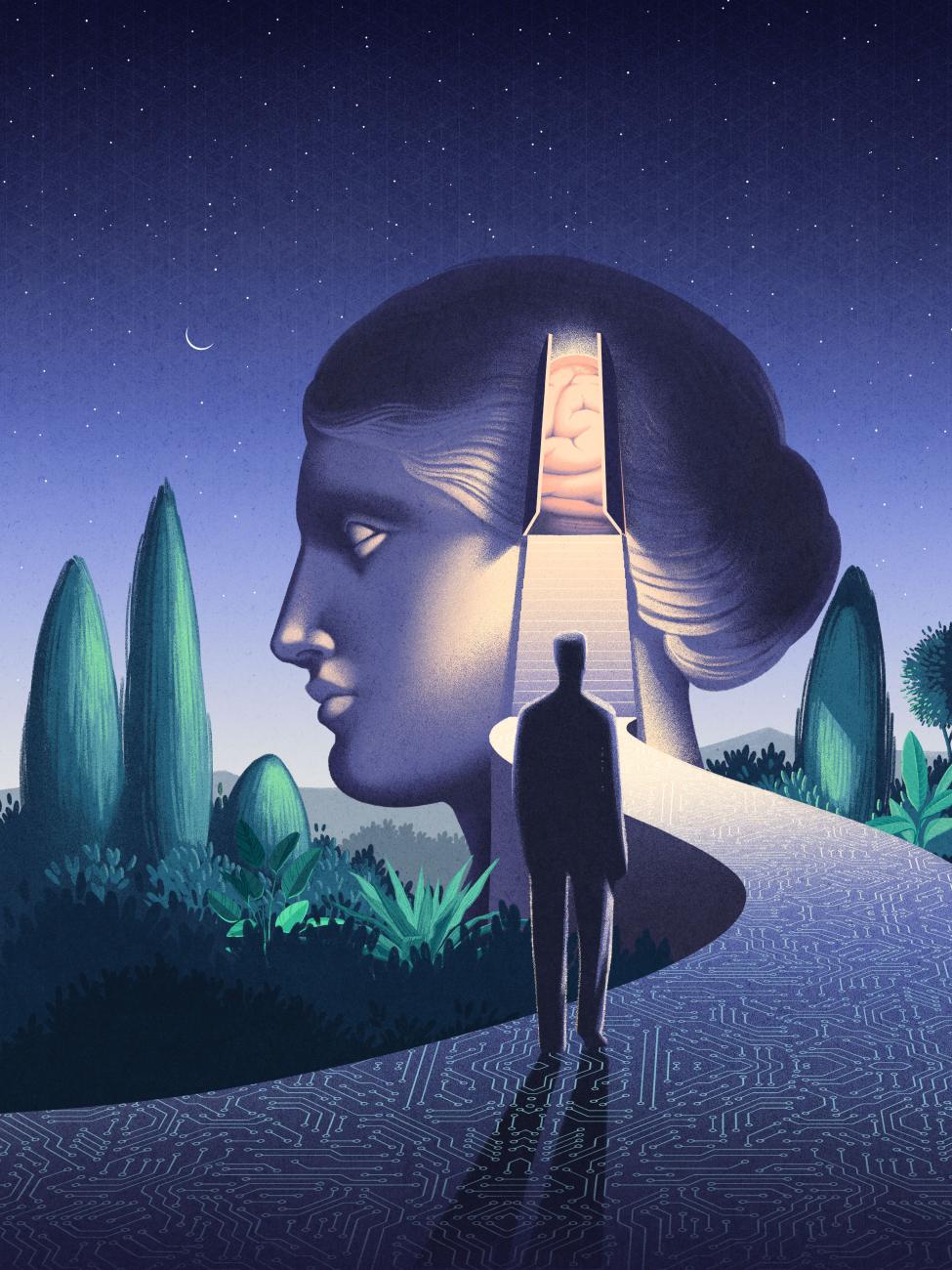 Stylized illustration of the side profile of a woman in the background painted in blues and purples with a door opening where her brain would be. The door has a winding path that leads down and away from her head toward the foreground of the illustration where a man whose back is turned away from the viewer is standing at the end of the path like a shadowy figure. There are green topiary bushes on both sides of the path. This picture is titled "Gateway to Memory" and relates to Dr. Singer's research.